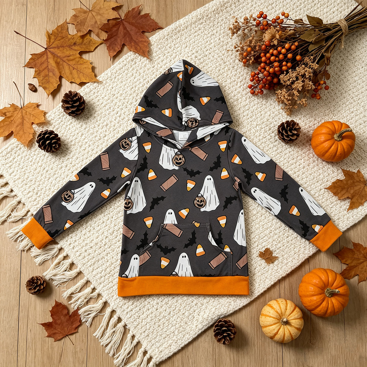 NEW RTS NO MOQ milk silk BT1898 Baby Boys Ghost Pumpkins Bats Halloween Pocket Hoodies Top