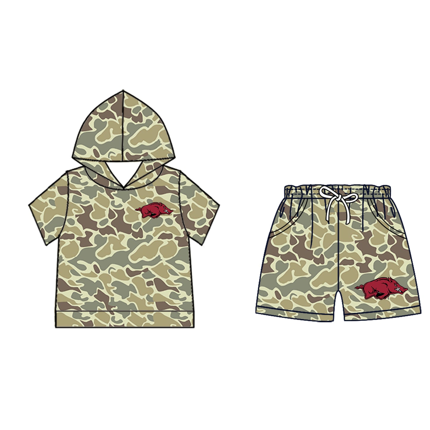 Custom moq 5 mix size milk silk summer teams Baby Camo Hooded Short Sleeve Top and Shorts Set Ice Cream Drips White Hooded Top with Matching Shorts