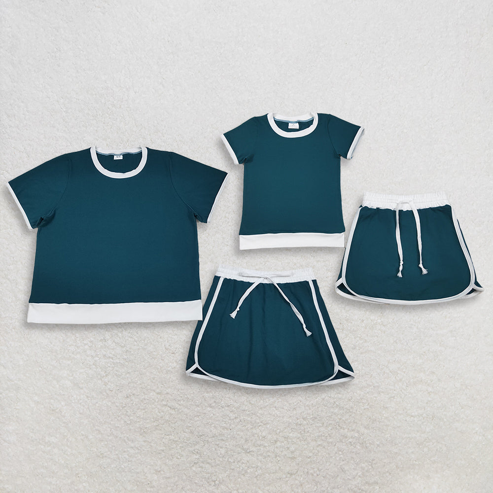 RTS NO MOQ Sibling  Mom And Me Dark Green Short Sleeve Top Skirt Shorts Cotton Clothes Set