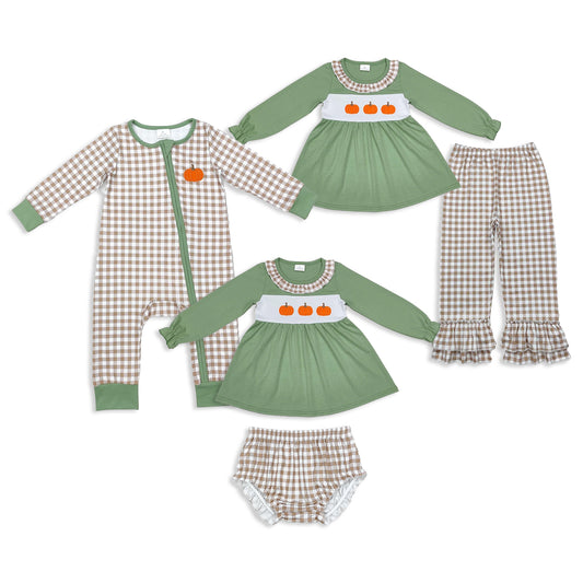 RTS NO MOQ Sibling Baby girls clothes Embroidery pumpkin long-sleeved trousers suit & tops and romper
