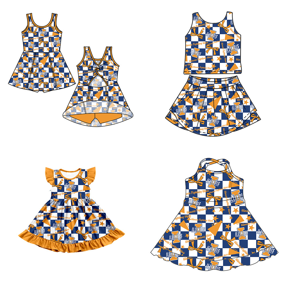 Custom moq 5 mix size milk silk summer teams baby girls clothes team bow orange sleeveless skirts sets and dress 1 and dress 2 and dress 3-25.6.30