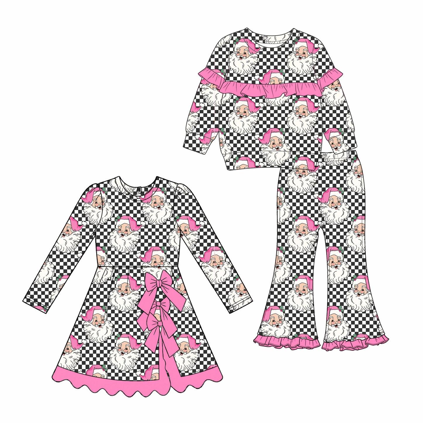 (Preorder new) No moq Baby Girls Black Checked Santa Print Long Sleeve Top Flare Pants Set Yoga Active Knee Length Dress