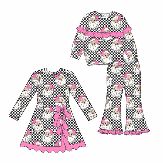 (Preorder new) No moq Baby Girls Black Checked Santa Print Long Sleeve Top Flare Pants Set Yoga Active Knee Length Dress