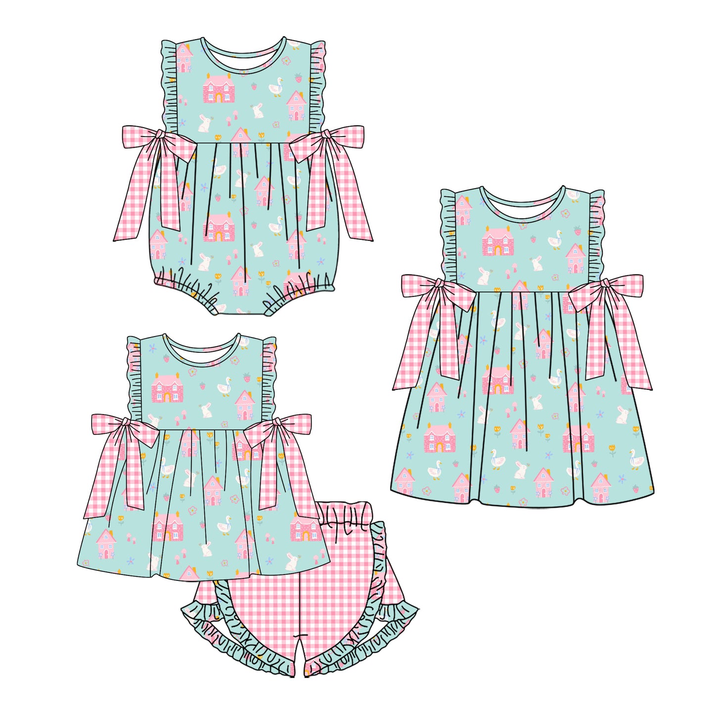 11.29 custom each style moq 5eta 4-6week Sibling Sister farm baby girl short sleeve shorts sets and dress and rompers match family design
