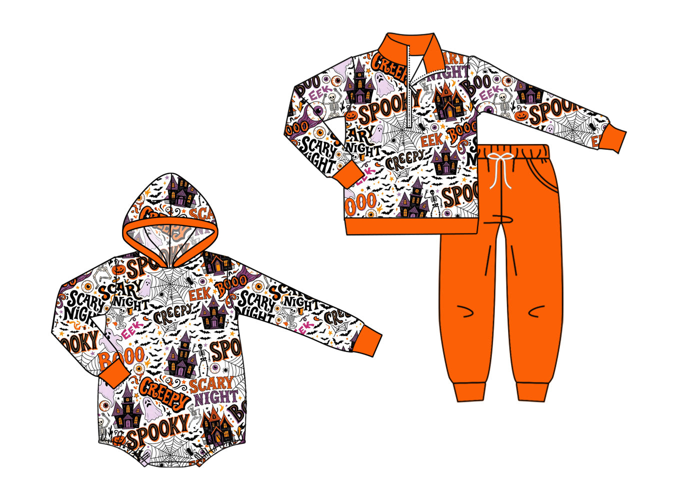 (Preorder new) No moq Baby Boys Halloweens Spooky Bats Print Zip Pullover Pocket Top Matching Jogger Set Rompers