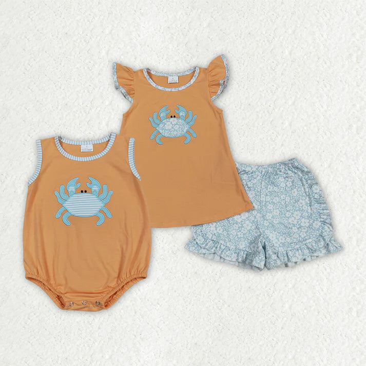RTS Sibling baby girl clothes embroidery crab Short Sleeve Shorts sets romper