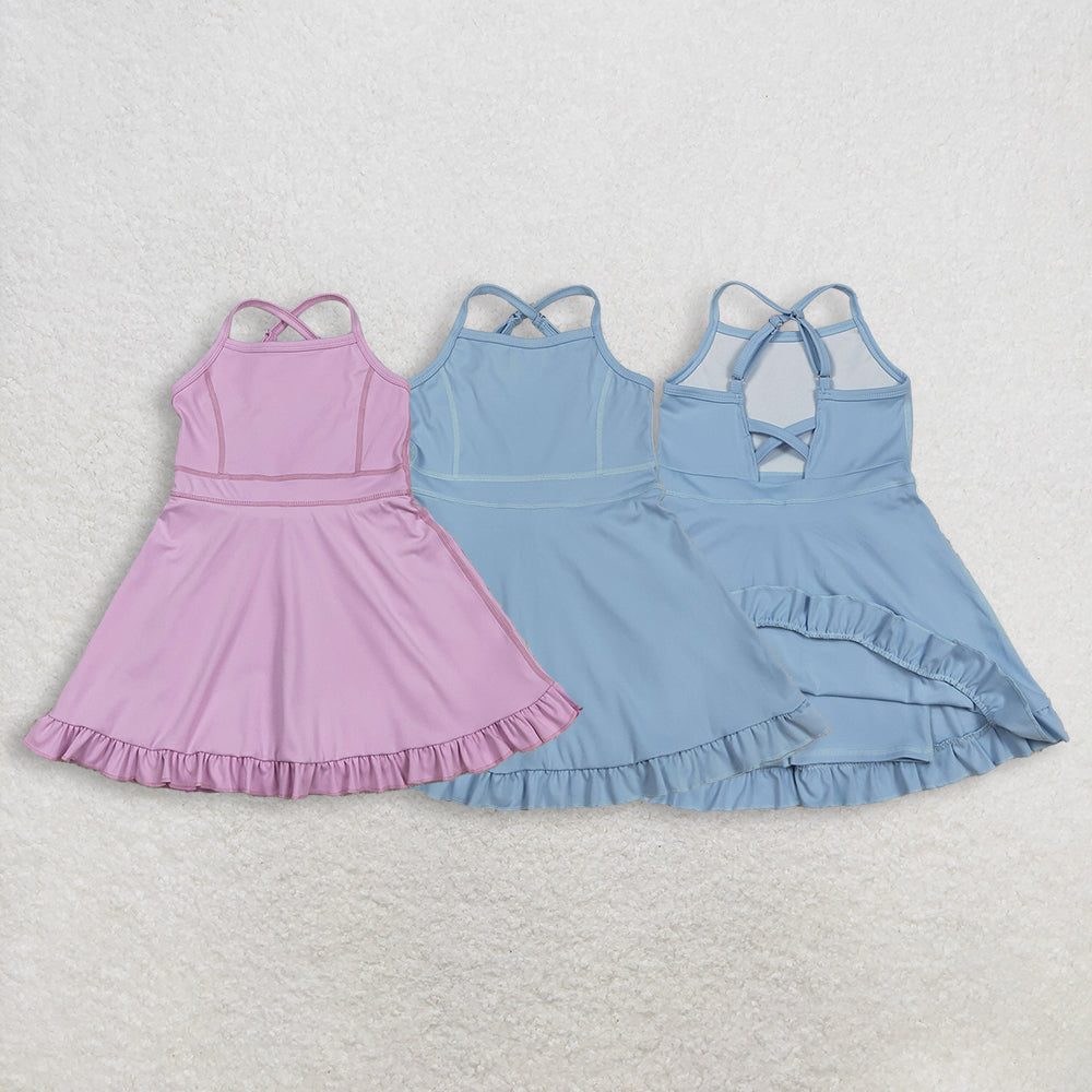 RTS NO MOQ Sibling Baby Girls Solid Color Strap Yoga Active Shorts Ruffle Knee-Length Dresses