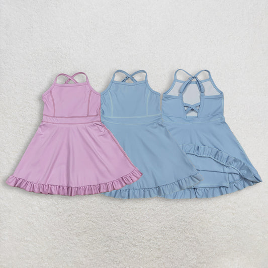 RTS NO MOQ Sibling Baby Girls Solid Color Strap Yoga Active Shorts Ruffle Knee-Length Dresses