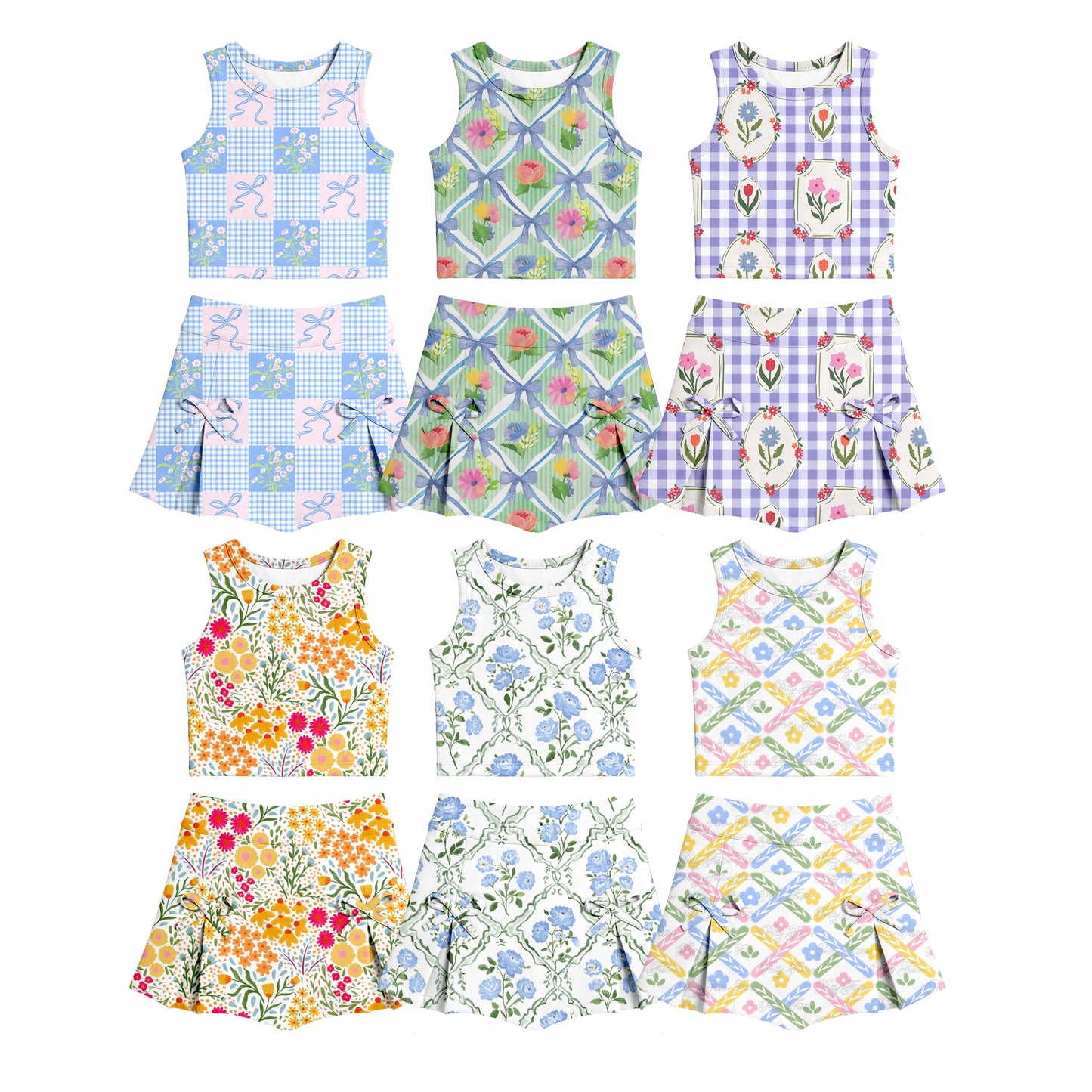 Custom moq 5 mix size Sibling Baby Girls Floral Print Sleeveless Yoga Set Comfortable Skirt And Top Outfit for Toddlers