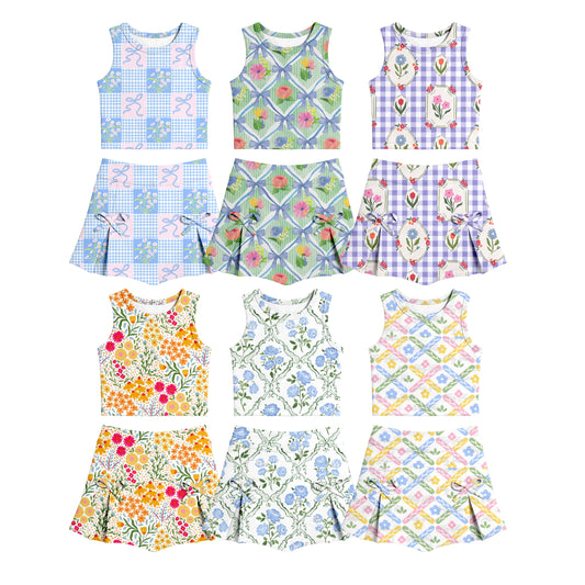 Custom moq 5 mix size Sibling Baby Girls Floral Print Sleeveless Yoga Set Comfortable Skirt And Top Outfit for Toddlers