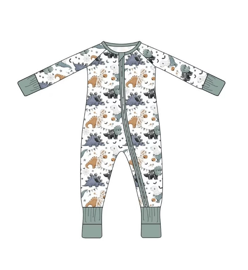 5.9custom each style moq 5eta 4-5week Sibling Sister Halloween cute dinosaur prints green girls and boys outfits and baby rompers match family design