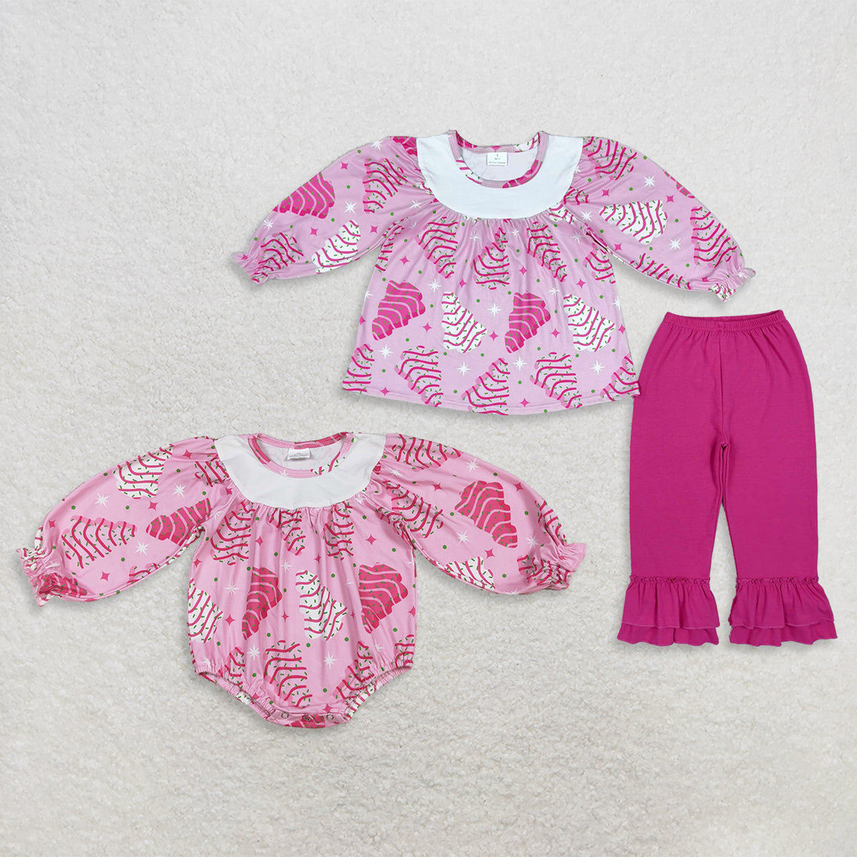 RTS NO MOQ Sibling milk silk Baby Girls Pink Christmas Tree Cake Print Long Sleeve Top And Ruffle Pant Set Romper