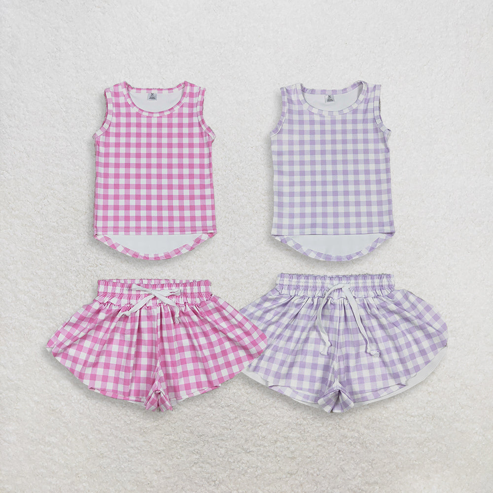 RTS NO MOQ Sibling Baby Girls Checked Vests Top Butterfly Short Yoga Active Clothes Set for Kids