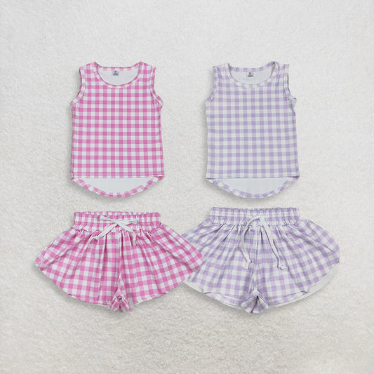RTS NO MOQ Sibling Baby Girls Checked Vests Top Butterfly Short Yoga Active Clothes Set for Kids