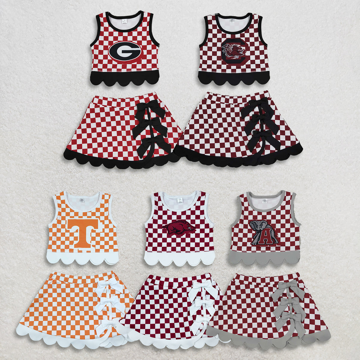 RTS NO MOQ Sibling yoga fabric Baby Girls Checked Print Bow Top Scallop Hem Short Skirt Team Set
