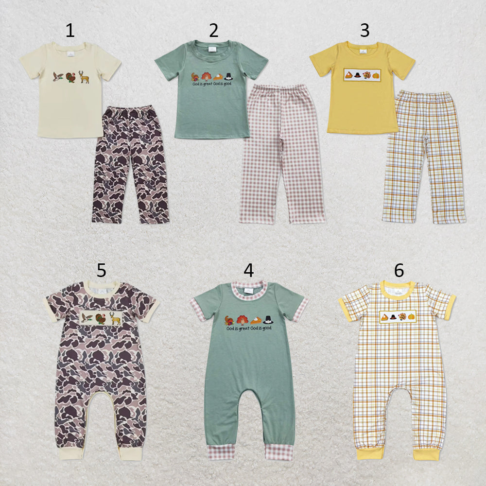 RTS NO MOQ Sibling milk silk Baby Boys Thanksgiving Turkey Print Long Sleeve Shirt And Checkered Pants Two Piece Fall Clothes Sets