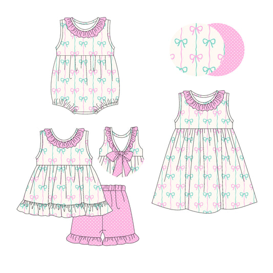 2.28 custom each style moq 5eta 4-6week Sibling Sister bow baby girl short sleeve shorts sets and dress and rompers match family design