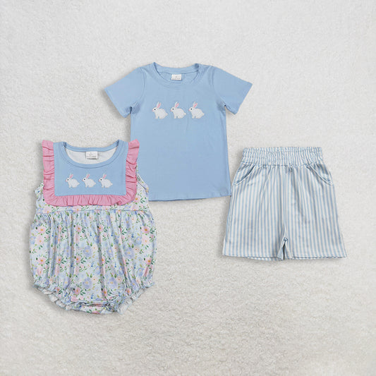 RTS NO MOQ Sibling Embroidered Rabbit Baby Boys Top with Pockets And Stripe Shorts Easter Outfit Set