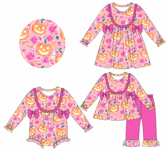25.7.14 custom each style moq 5eta 4-6week Sibling Sisters smiley pumpkin bow baby girl long sleeve pants sets and dress and rompers match family design