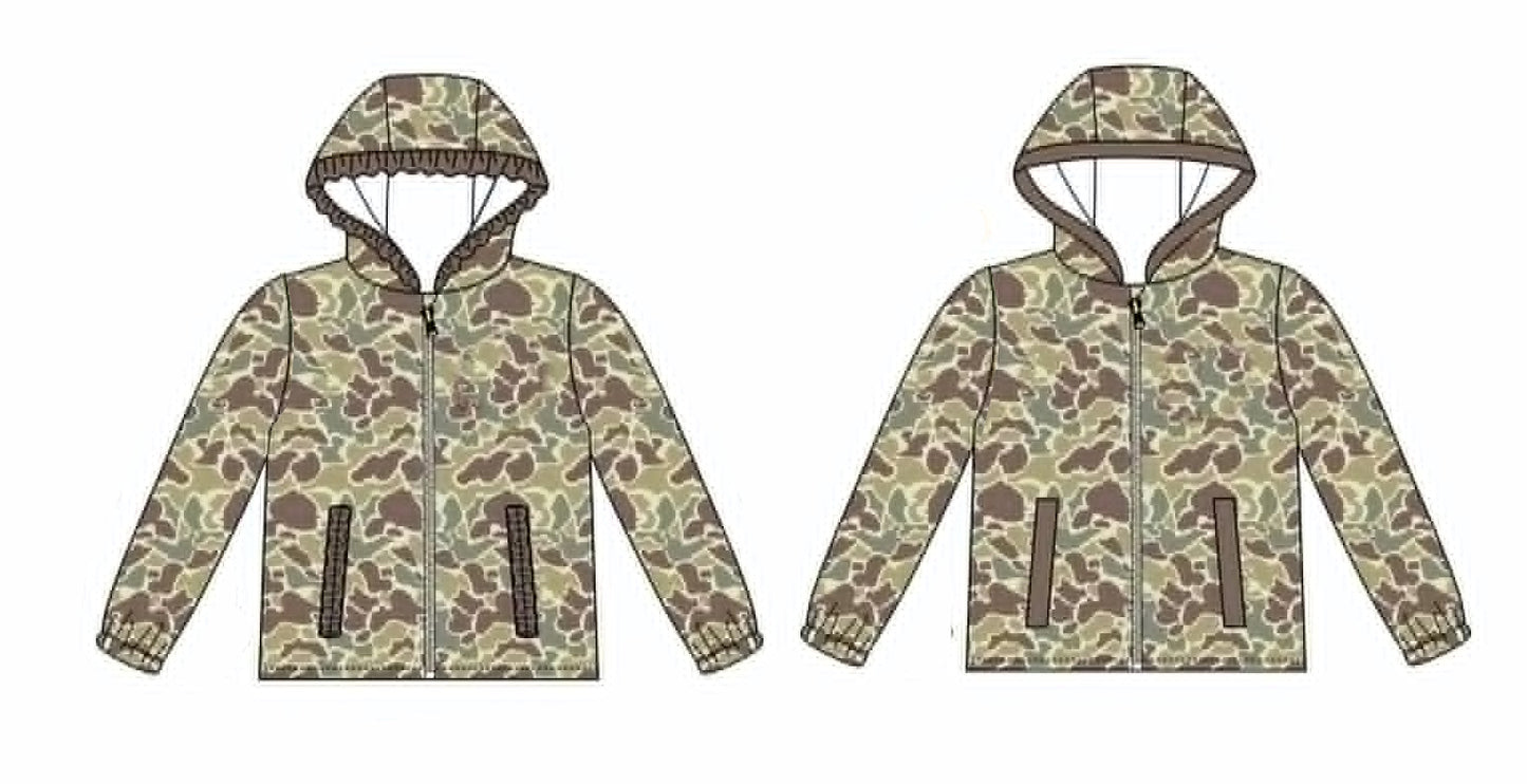 (Preorder new) No moq Baby Girls Boys Khaki Camo Print Long Sleeve Zip Pocket Casual Hoodie Top