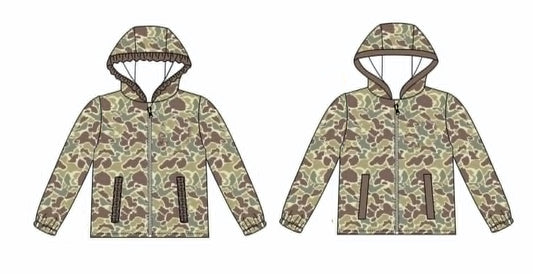 (Preorder new) No moq Baby Girls Boys Khaki Camo Print Long Sleeve Zip Pocket Casual Hoodie Top