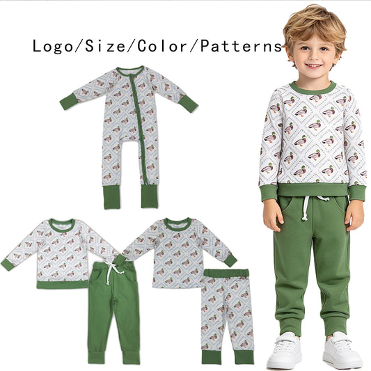 RTS NO MOQ Sibling milk silk Baby Boys Duck Print Long Sleeve Top Green Jogger Pant Set Zipper Romper