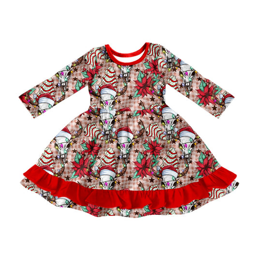 8.13 custom each style moq 5eta 4-6week baby girls clothes Christmas cow head floral red long sleeve purple dress