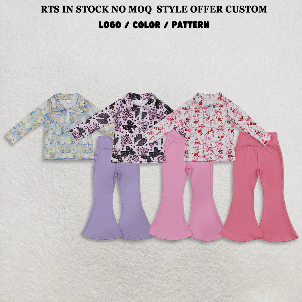 RTS NO MOQ Sibling milk silk Baby Girls Halloween Ghost Print Zip Pocket Pullover Flare Pants Fall Outfit Set