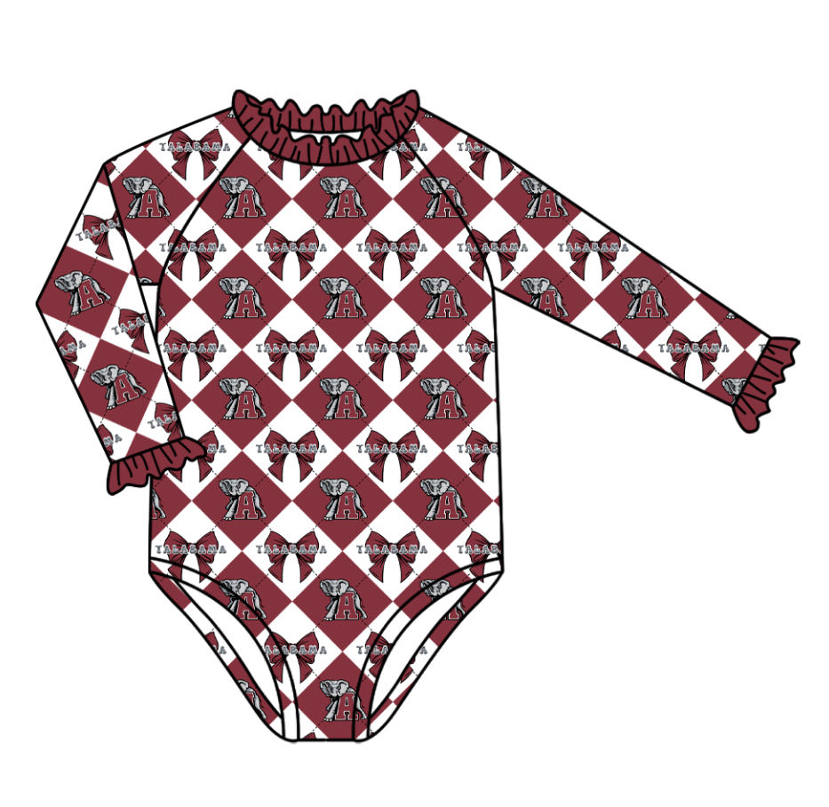 Custom moq 5 mix size  Dark red swim fabric Checkered team swimsuits girls  swim