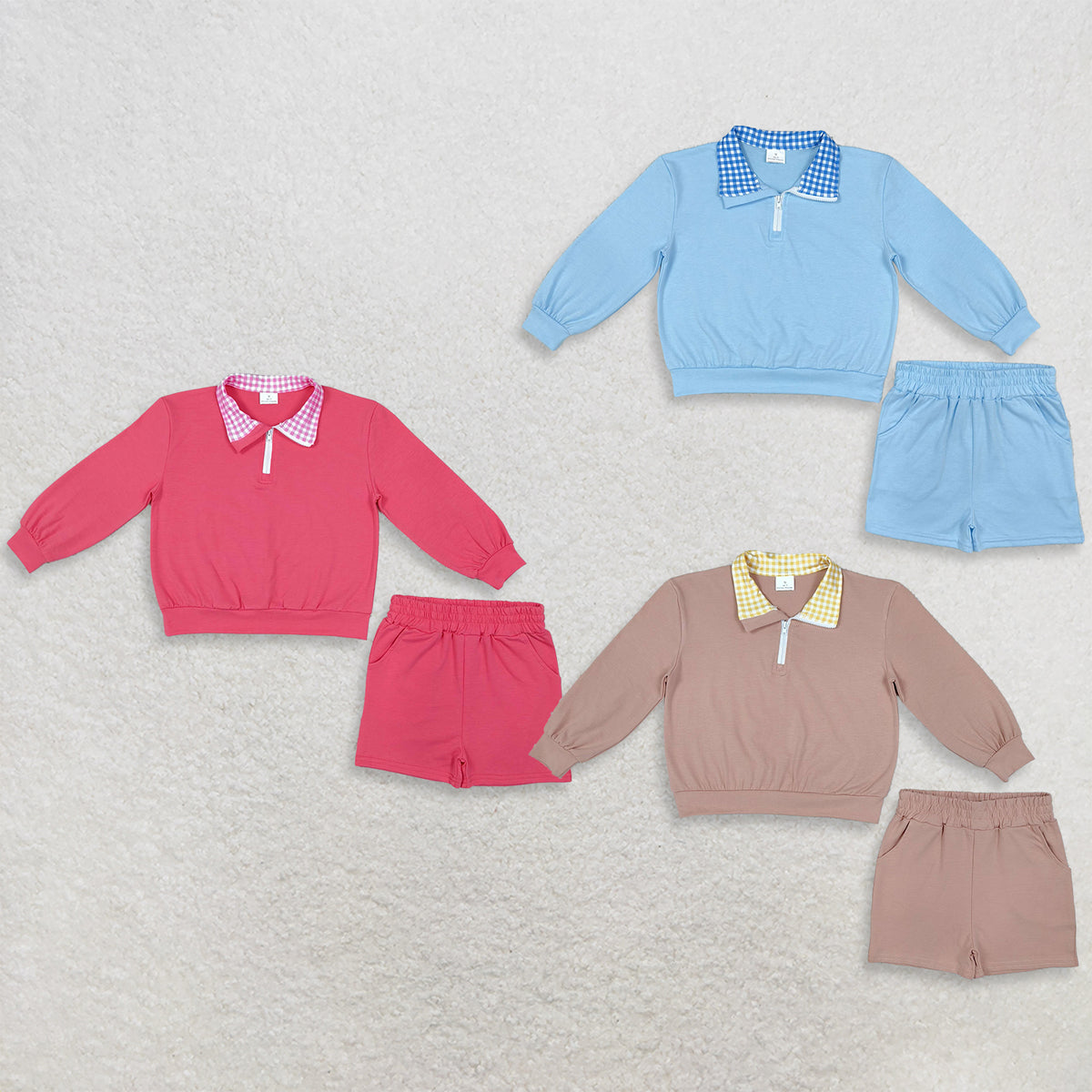 RTS NO MOQ Sibling milk silk Baby Girls Solid Color Gingham Collar Half Zip Long Sleeve Top Short Pant Clothes Set