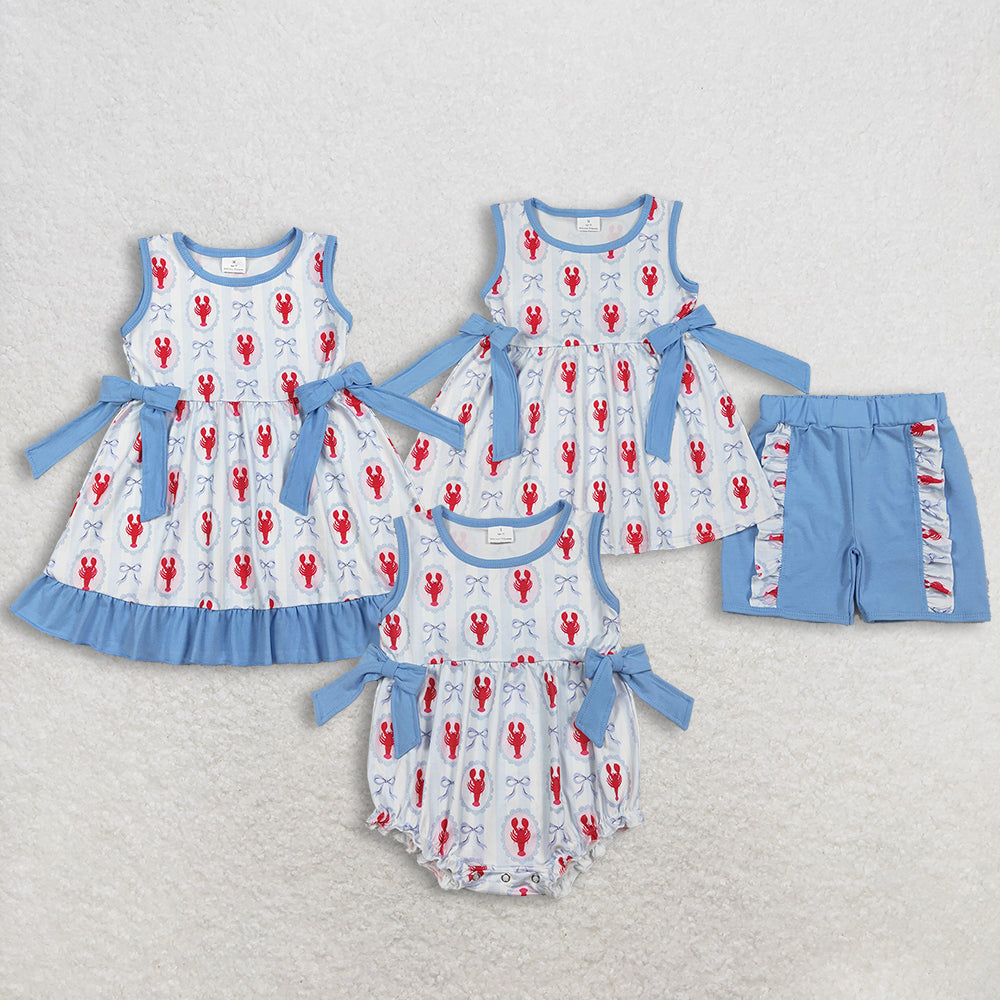 RTS NO MOQ sibling baby girls clothes bow lobster short sleeve Clothes Sets and dress and romper