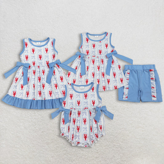 RTS NO MOQ sibling baby girls clothes bow lobster short sleeve Clothes Sets and dress and romper