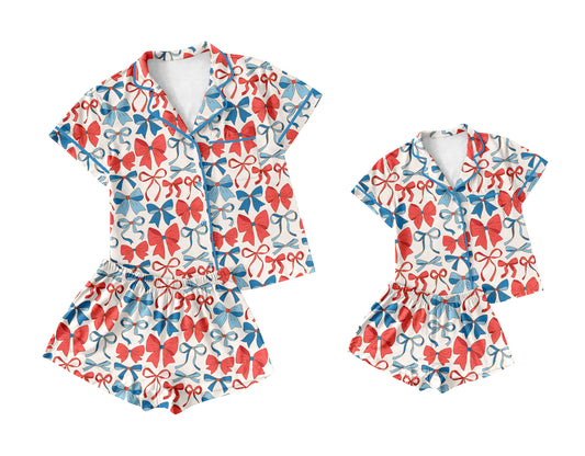 3.19 custom each style moq 5eta 4-6week Sibling Sister bow short sleeve shorts sets and adult sets match design