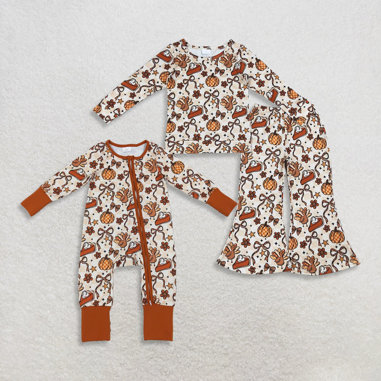 RTS NO MOQ Sibling milk silk Baby Girls Turkey Pumpkin Print Long Sleeve Top With Flare Pant Thanksgiving Fall Set Two Way Zip Convertible Rompers