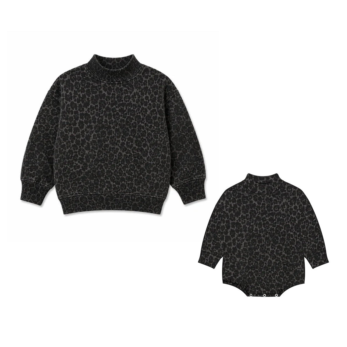 (Preorder new) No moq High Neck Baby Girls Dark Grey Leopard Print Mock Neck Long Sleeve Sweatshirt And Romper