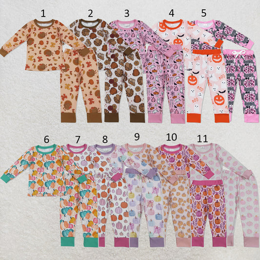RTS NO MOQ Sibling milk silk Baby Girls Cute Colorful Bows Pumpkins Long Sleeve Top And Pants Fall Sleep Set