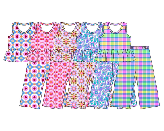 (Pre Order) No moq milk silk Baby Girls Colorful Flowers  Tunic Flare Pants Clothes Set