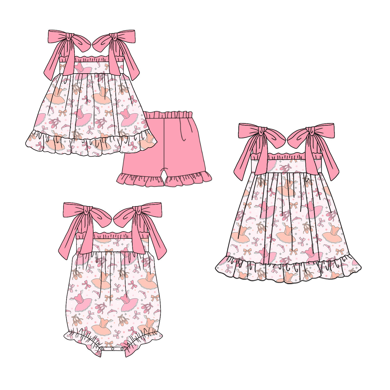 11.22 custom each style moq 5eta 4-6week Sibling Sister ballet shoes dress baby girl short sleeve shorts sets and dress and rompers match family design