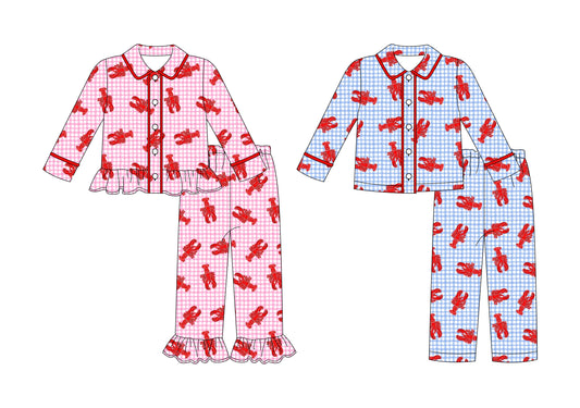 25.9.10 custom each style moq 5 eta 4-6week Sibling Sisters lobster baby girl boy long sleeve pants sets 2