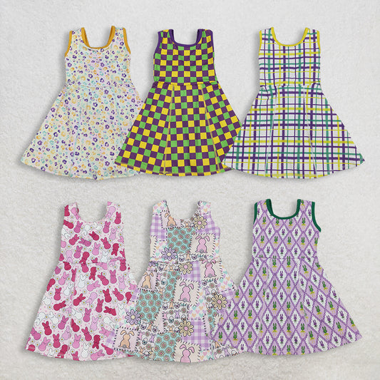 RTS NO MOQ Sibling Baby Girls Sleeveless Mardigras Print Yoga Shorts Active Knee-Length Dresses for Kids