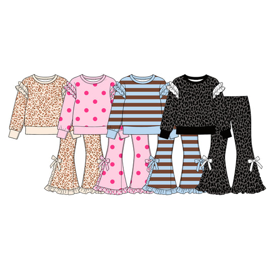 (Preorder new) No moq Baby Girls Ruffle Long Sleeve Top and Bow Flare Pants Set
