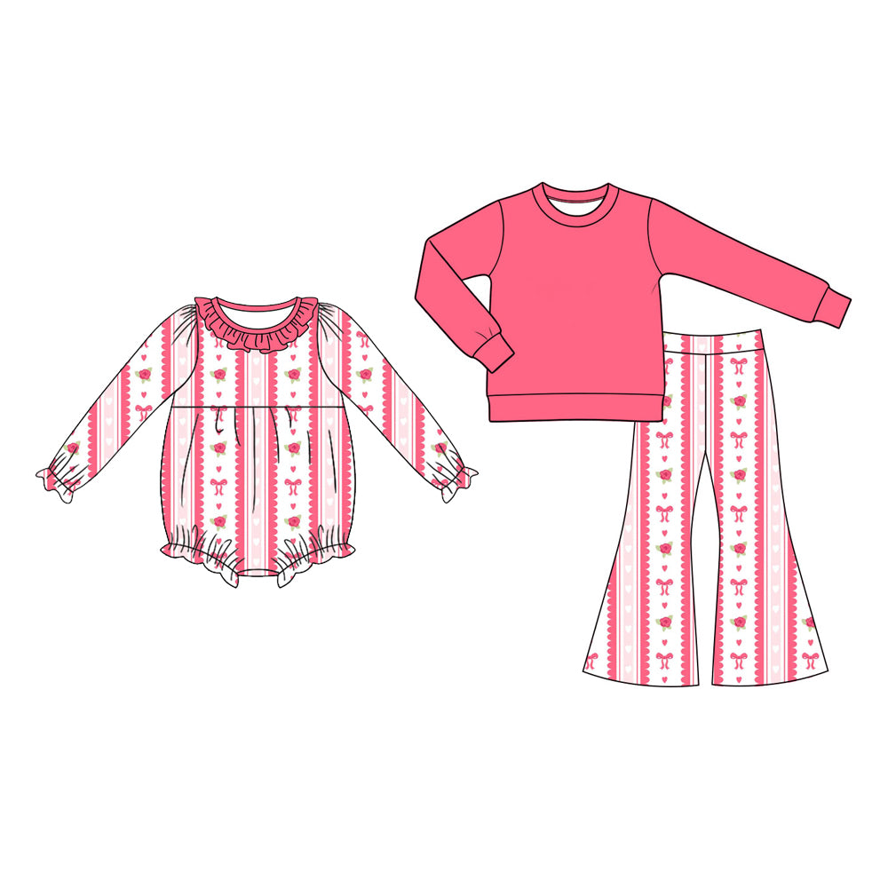 (Preorder new) No moq Baby Girls Pink Rose Bow Stripe Print Ruffle Romper And Solid Top Bell Bottom Pants Set