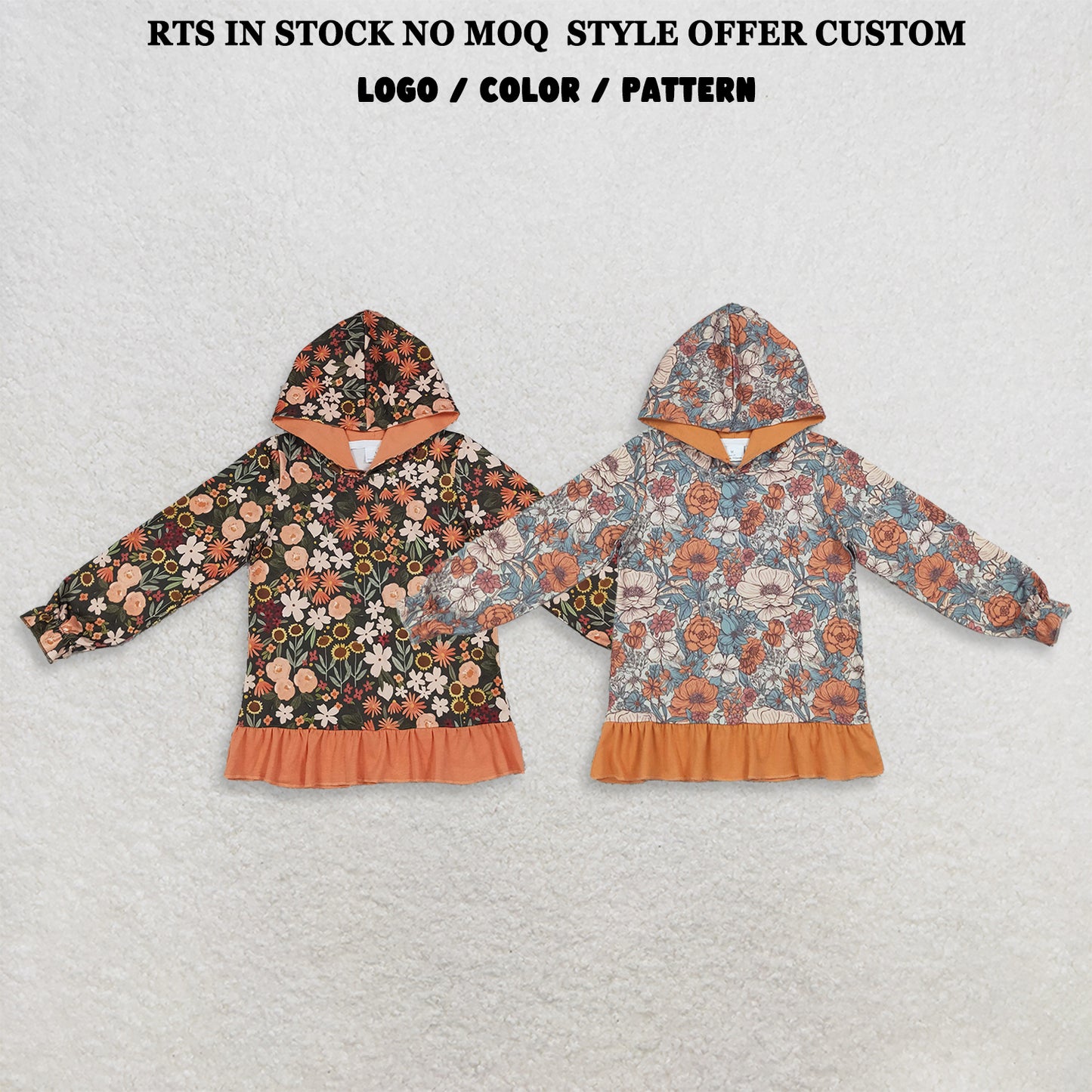 RTS NO MOQ Sibling milk silk Baby Girls Colorful Flowers Fall Ruffle Hoodies Top Autumn Long Sleeve Pullover Hooded Tops