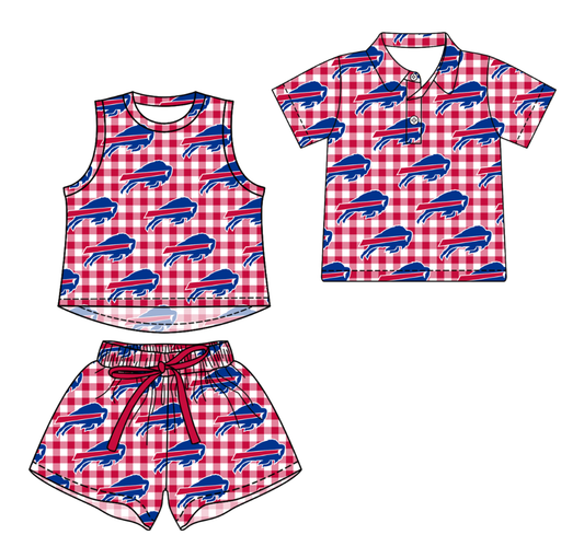 Custom moq 5 mix size milk silk summer teams Girls Red  Checked Top And Short Sets Boys Short Sleeve Button Polo Shirt Top
