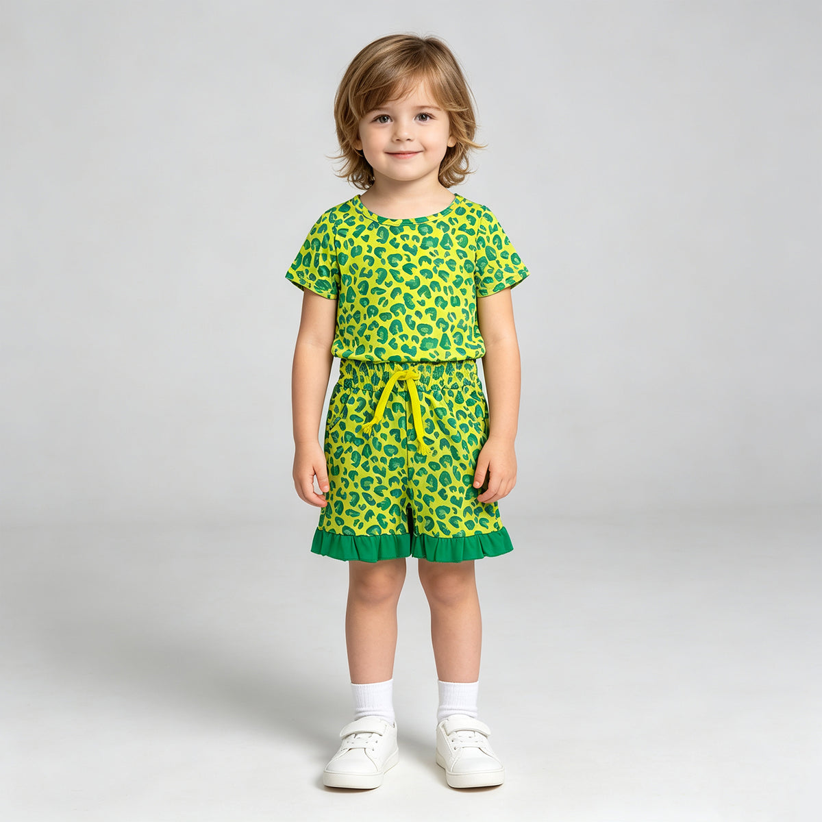 NEW RTS NO MOQ milk silk GSSO3812 Baby Girls Light Green Leopard Pocket Ruffle Shorts Casual Clothes Set
