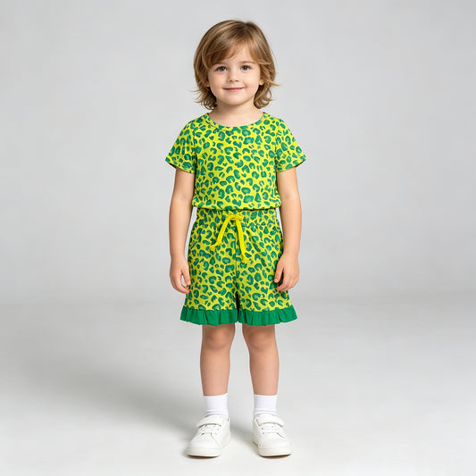 NEW RTS NO MOQ milk silk GSSO3812 Baby Girls Light Green Leopard Pocket Ruffle Shorts Casual Clothes Set