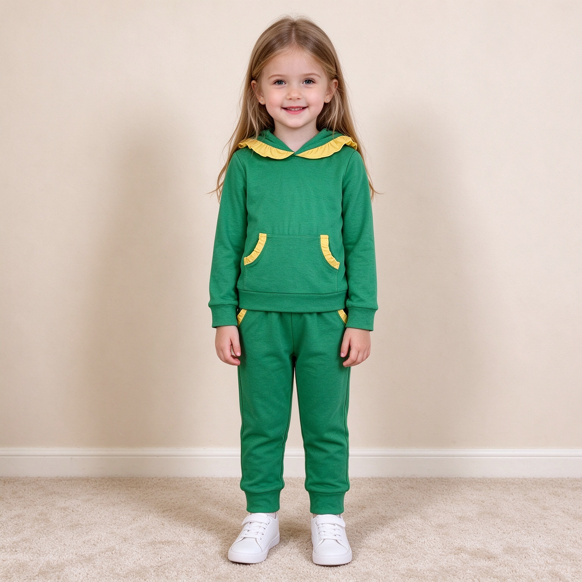 NEW RTS NO MOQ cotton GLP3569 Baby Girls Yellow Green Ruffle Hoodie Pockets Jogger Clothes Sets Cute Casual Outfit