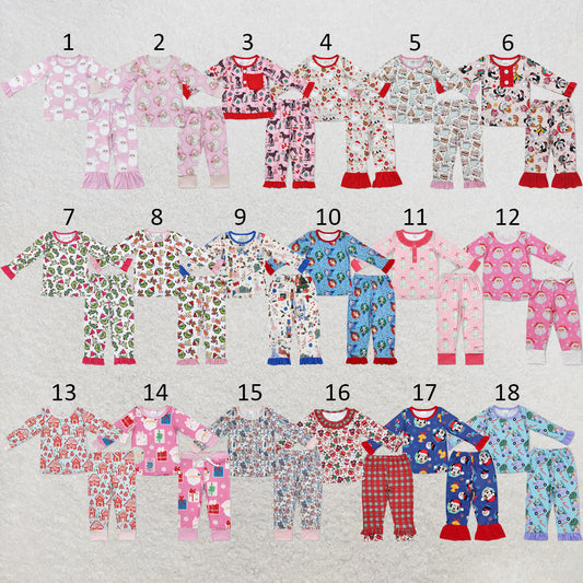 RTS NO MOQ Sibling milk silk Baby Girls Christmas Print Red Short Sleeve Tee And Long Pants Two Piece Bamboo Fiber Pajamas Clothes Set