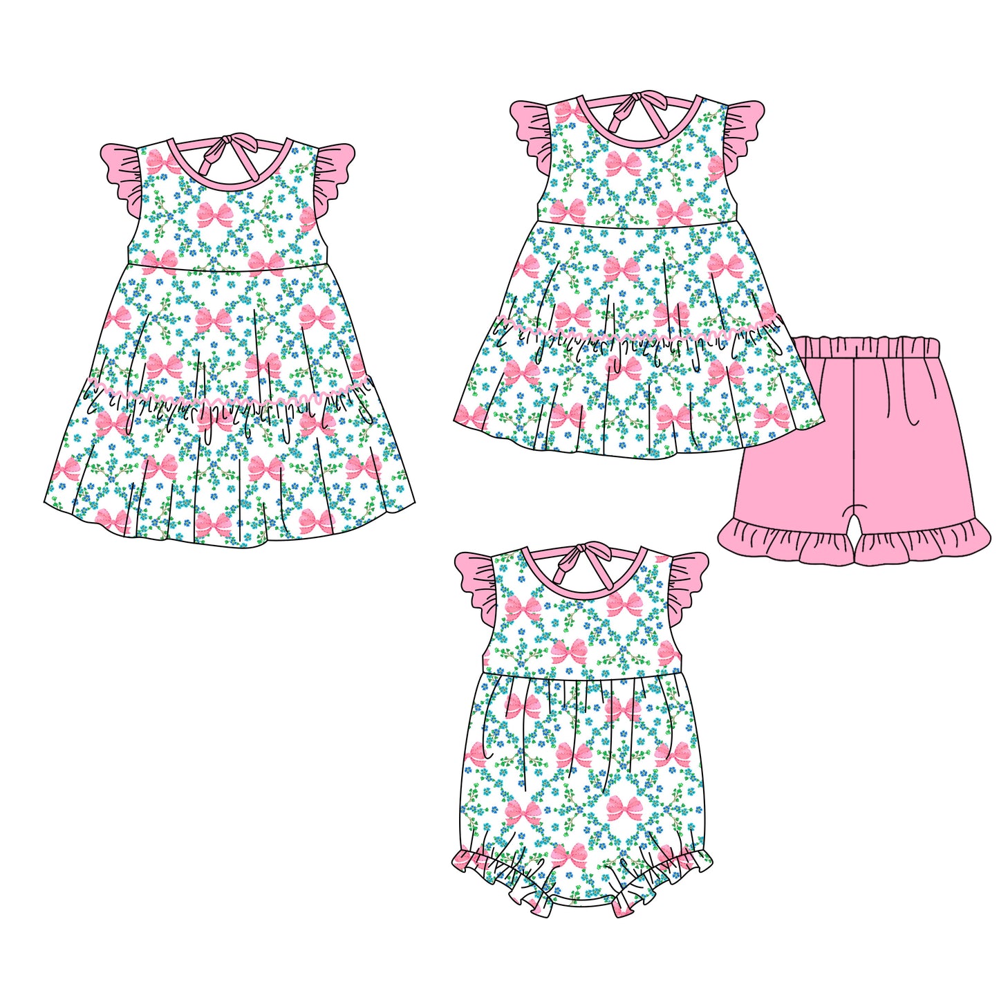 3.25 Custom moq 5 mix size Sibling Baby Girl's Flutter Sleeve Top And Pink Shorts Set Cute Romper Dress for Summer