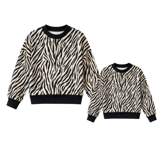 (Preorder new) No moq Adult To Match Kids Zebra Print Crew Neck Long Sleeve Sweatshirt Matching Family Top